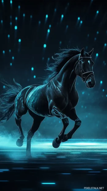 A black horse with glowing blue highlights, running through an abstract dream background.