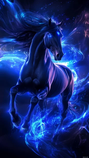 A black horse with glowing blue highlights, running through an abstract neon lit background.