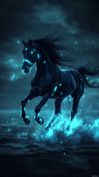 A black horse with glowing blue highlights, running through an abstract neon lit background.