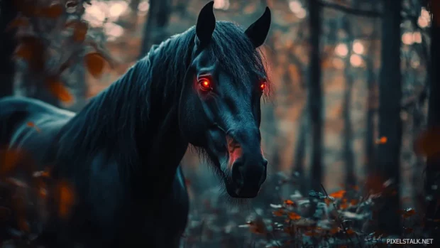 A black horse with glowing red eyes, emerging from the shadows of an enchanted forest, dark and mystical.