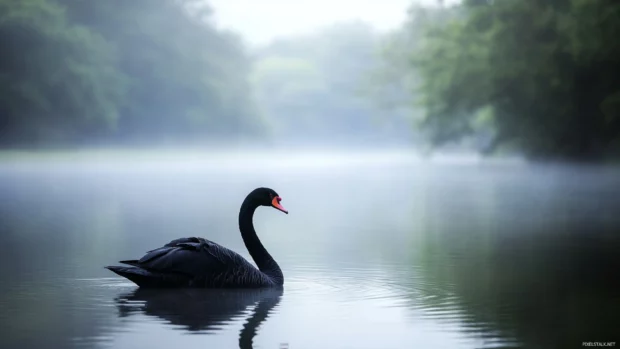 A black swan resting in morning mist by a tranquil river.