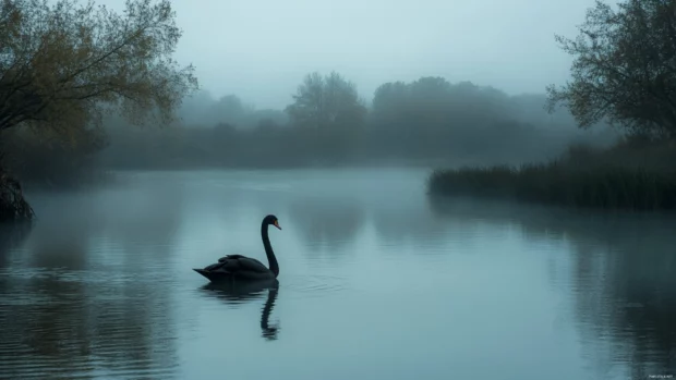 A black swan resting in morning mist by a tranquil river, calm and moody tones for bird wallpaper.