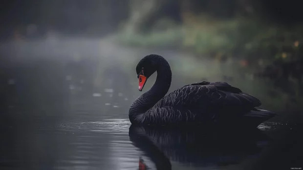 A black swan resting in morning mist by a tranquil river, calm and moody tones for bird wallpaper.