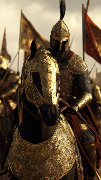 A black warhorse covered in intricate golden armor, standing in an ancient battlefield, banners waving in the wind behind it.