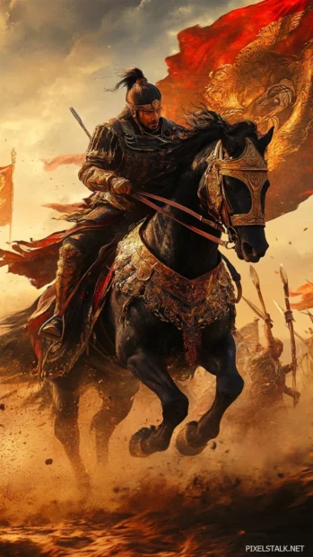 A black warhorse covered in intricate golden armor, standing in an ancient battlefield, banners waving in the wind behind it.
