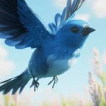 A blue bird mid jump, tall grass frames, realistic phone wallpaper.