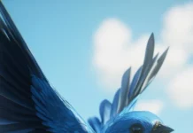 A blue bird mid jump, tall grass frames, realistic phone wallpaper.