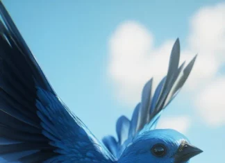 A blue bird mid jump, tall grass frames, realistic phone wallpaper.