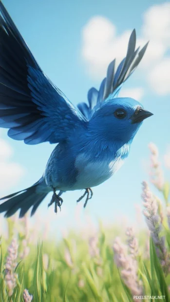 A blue bird mid jump, tall grass frames, realistic phone wallpaper.