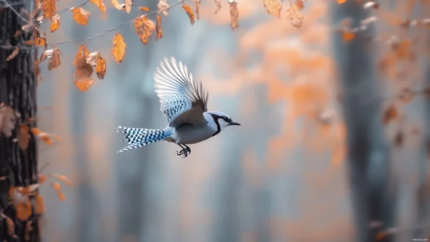 A blue jay flying through a misty woodland, feathers trailing streaks of white and electric blue.