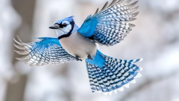 A blue jay flying through a misty woodland, feathers trailing streaks of white and electric blue.