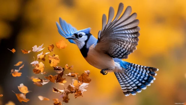 A blue jay in flight, wings wide, over golden field, autumn leaves fall.