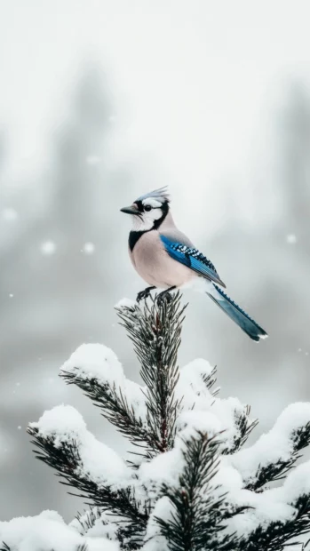 A blue jay perched on a tall pine branch in the snow, bright feathers contrasting the white landscape.