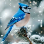 A blue jay perched on a tall pine branch in the snow, bright feathers contrasting the white landscape, ideal for a bird iPhone wallpaper.