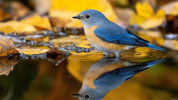 A bluebird and its reflection captured in perfect symmetry on the still surface of a pond.