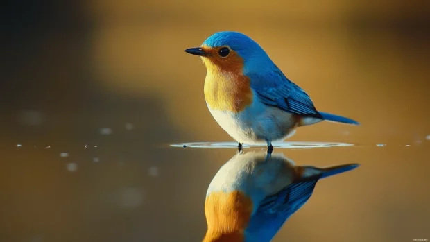 A bluebird and its reflection captured in perfect symmetry on the still surface of a pond.
