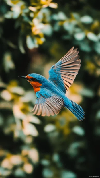A bluebird flying directly toward the viewer, framed perfectly for blue bird aesthetic wallpaper.