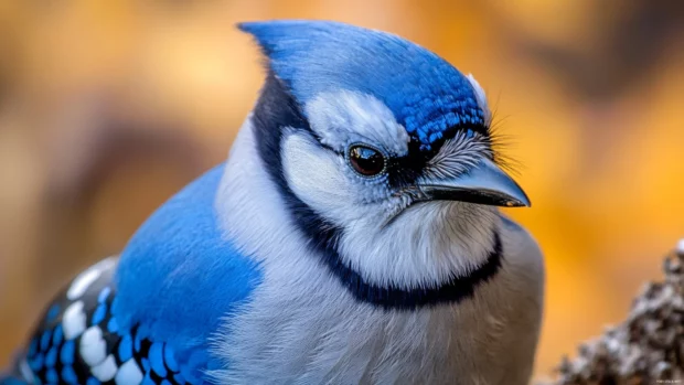A bold close up of a blue jay looking directly at the viewer, captured for a blue bird background for desktop.