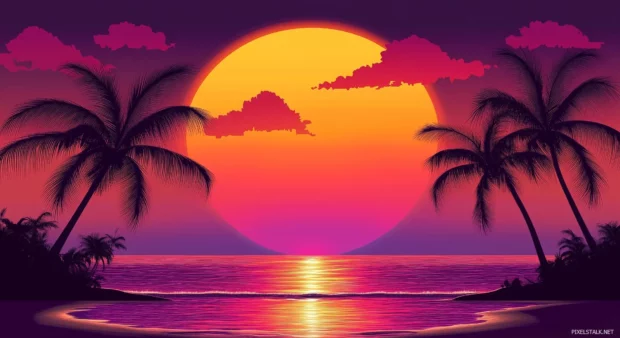 A breathtaking sunset over a tropical beach with palm trees for desktop background.