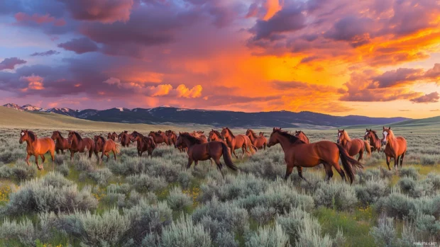 A breathtaking view of mustangs racing across open plains, sunset in the background.