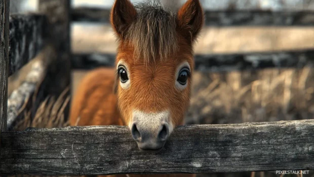 A brown pony with wide eyes, peeking from a wooden fence in a cozy setting.