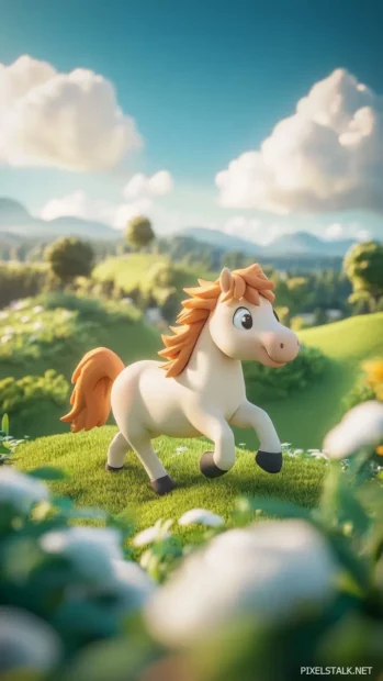 A cartoon style horse running across a rolling green hill.