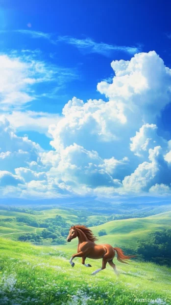A cartoon style horse running across a rolling green hill, fluffy clouds in the sky.