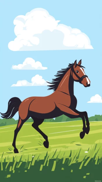 A cartoon style horse running across a rolling green hill, fluffy clouds in the sky, warm and cheerful mood.