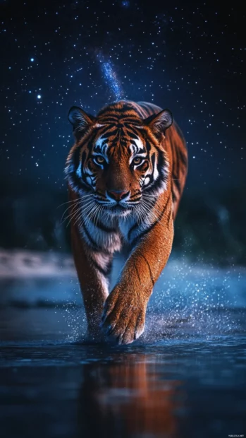 A celestial tiger walking among the stars, its fur blending seamlessly with the night sky.