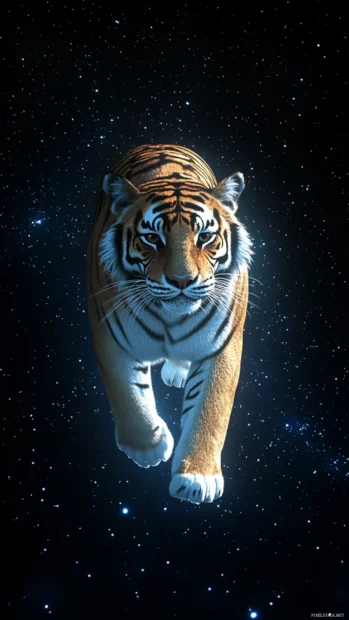 A celestial tiger walking among the stars, its fur blending seamlessly with the night sky.