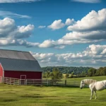 A charming image of a white horse in a lush green pasture, with a picturesque barn and blue sky in the background, embodying a classic countryside scene.