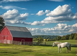 A charming image of a white horse in a lush green pasture, with a picturesque barn and blue sky in the background, embodying a classic countryside scene.