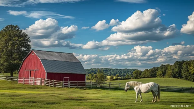 A charming image of a white horse in a lush green pasture, with a picturesque barn and blue sky in the background, embodying a classic countryside scene.
