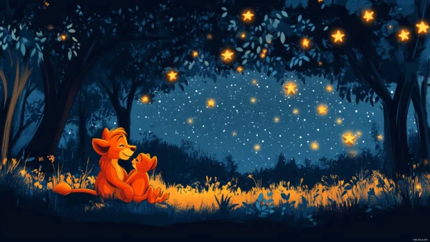 A charming scene of Simba sharing a laugh with Nala.