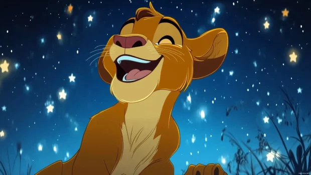 A charming scene of Simba sharing a laugh with Nala under the stars.
