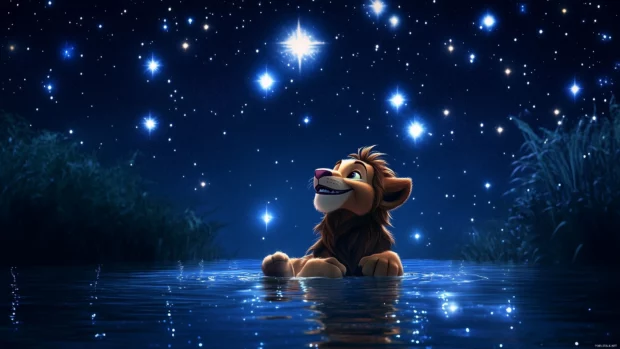 A charming scene of Simba sharing a laugh with Nala under the stars, with a beautiful night sky filled with twinkling stars.