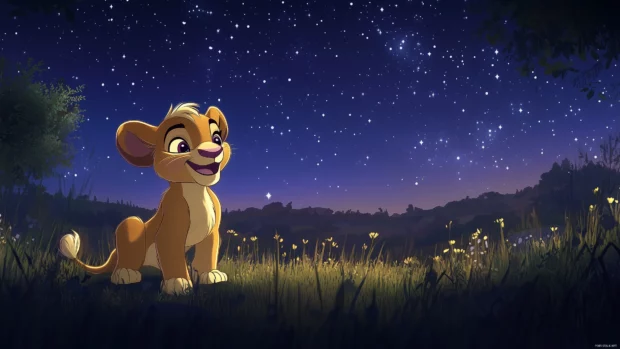 A charming scene of Simba sharing a laugh with Nala, with a beautiful night sky filled with twinkling stars.