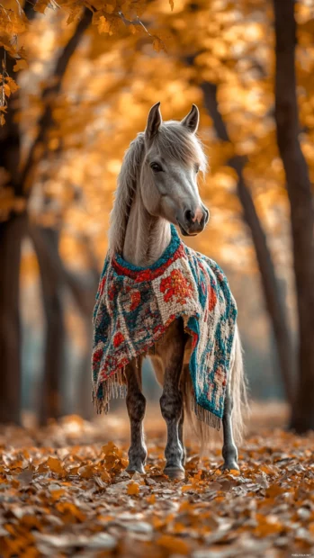 A charming scene of a pony wearing a colorful blanket, with a playful expression, surrounded by autumn leaves in vibrant colors.