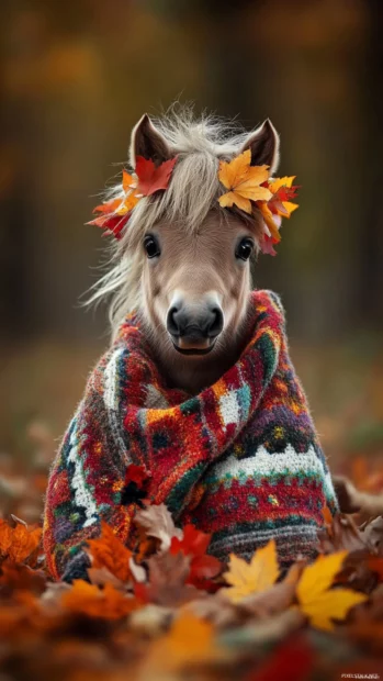 A charming scene of a pony wearing a colorful blanket, with a playful expression, surrounded by autumn leaves in vibrant colors.