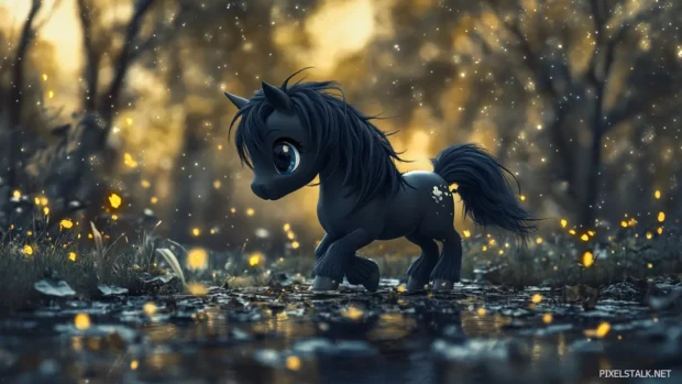 A chibi style black pony with an oversized head and tiny hooves, trotting through a dreamy fantasy landscape, stars twinkling above.