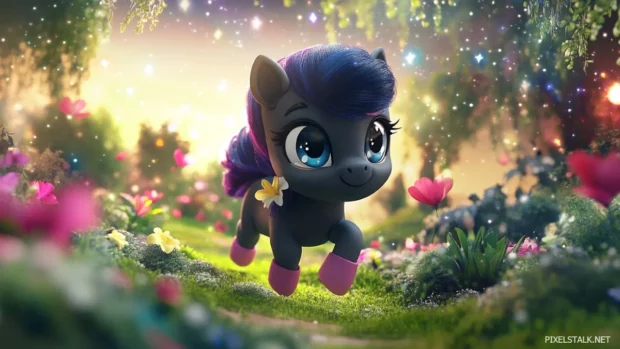 A chibi style black pony with an oversized head and tiny hooves, trotting through a fantasy landscape.