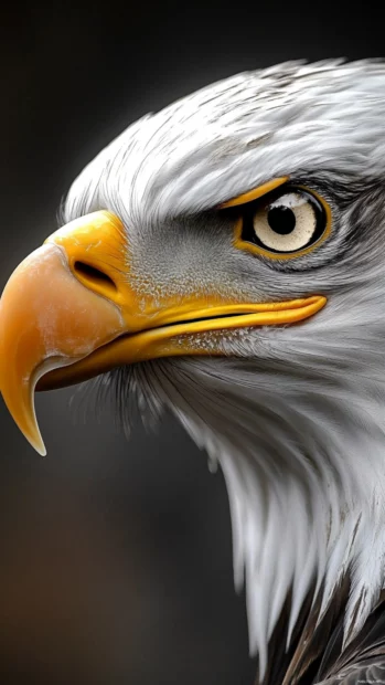 A cinematic close up of a bald eagle face and glowing yellow eye.