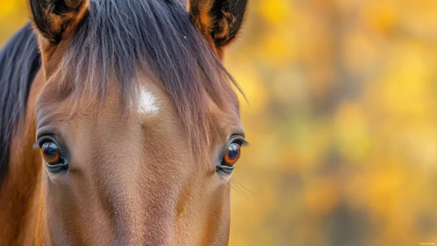 A close up of a beautiful brown horse face, highlighting its soulful eyes and smooth coat.
