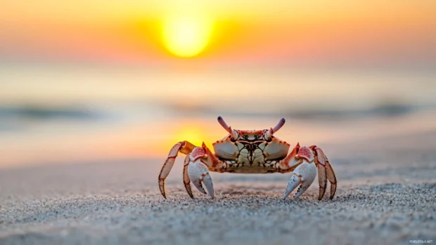 A close up of a crab on the sand at sunrise.