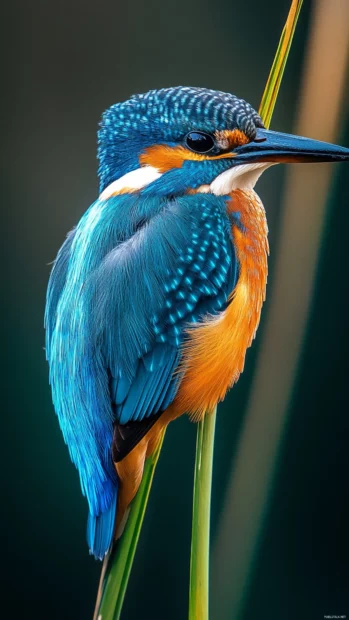A close up of a kingfisher resting on a thin reed, its bright blue and orange plumage popping against soft green bokeh.