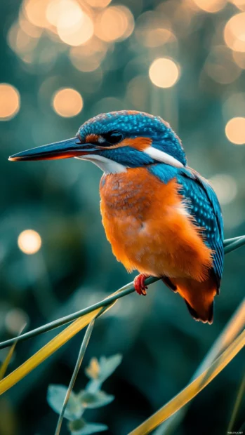A close up of a kingfisher resting on a thin reed, its bright blue and orange plumage popping against soft green bokeh.