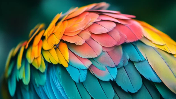 A close up of a parrot colorful feathers with a blurred jungle background.
