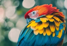 A close up of a parrot colorful feathers with a blurred jungle background.