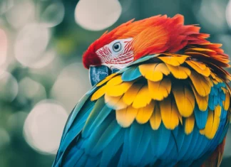 A close up of a parrot colorful feathers with a blurred jungle background.