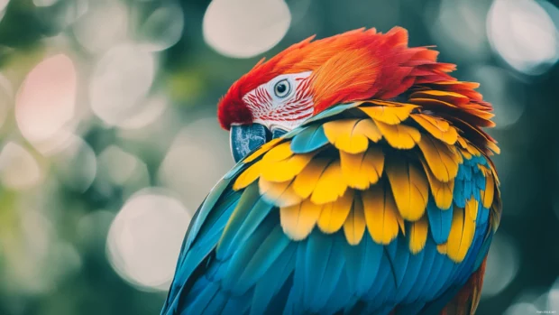 A close up of a parrot colorful feathers with a blurred jungle background.